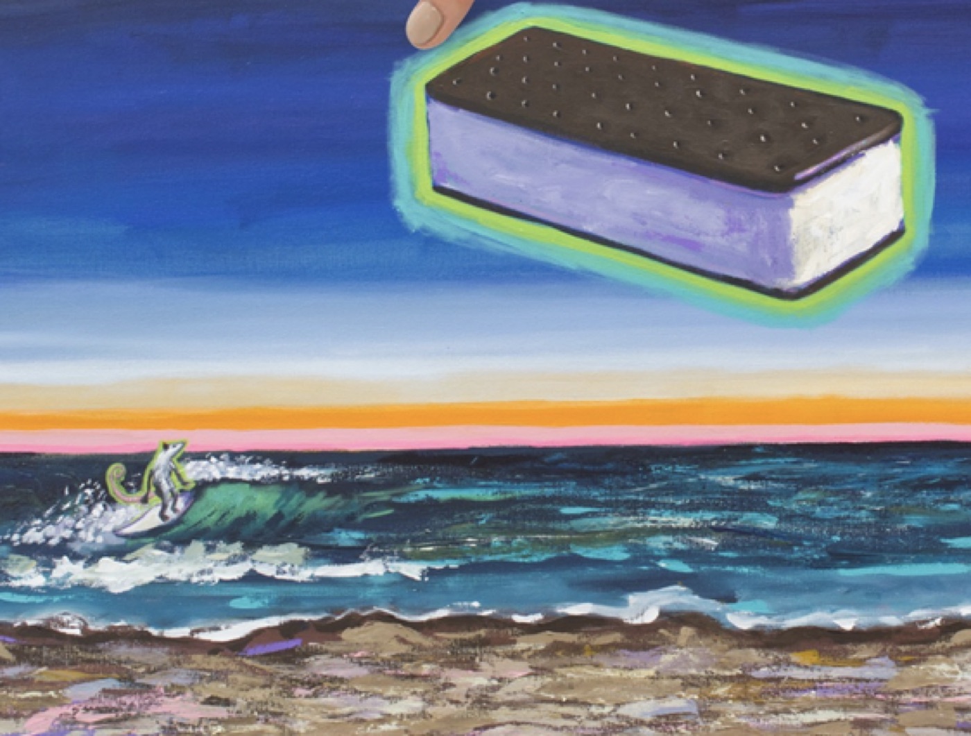 Painting of an ice cream sandwich over the sea.